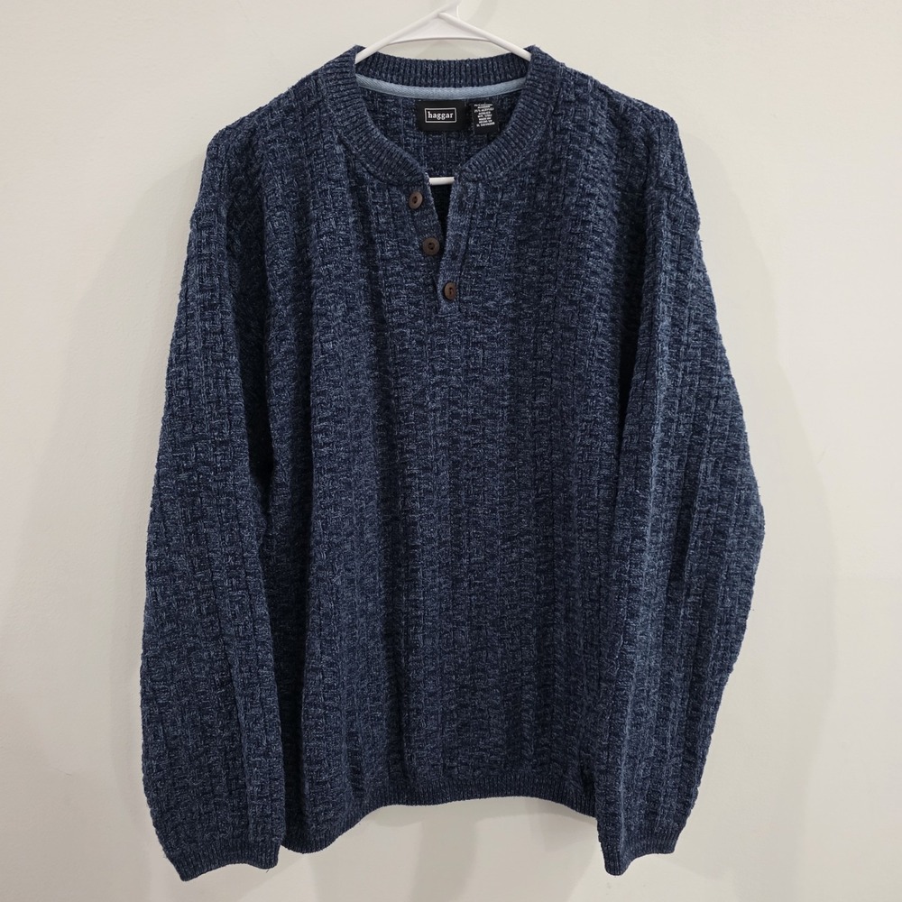 Vintage Mens Henley Sweater Size Large Knit Cotton Blue Textured Grandpa Dad